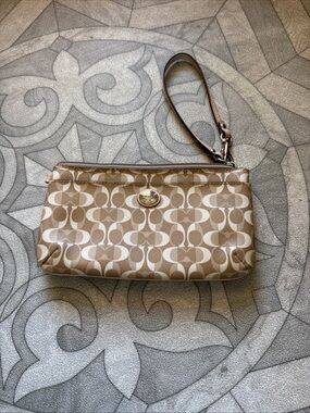 Coach Tan & White Signature Canvas Wristlet with Detachable Strap